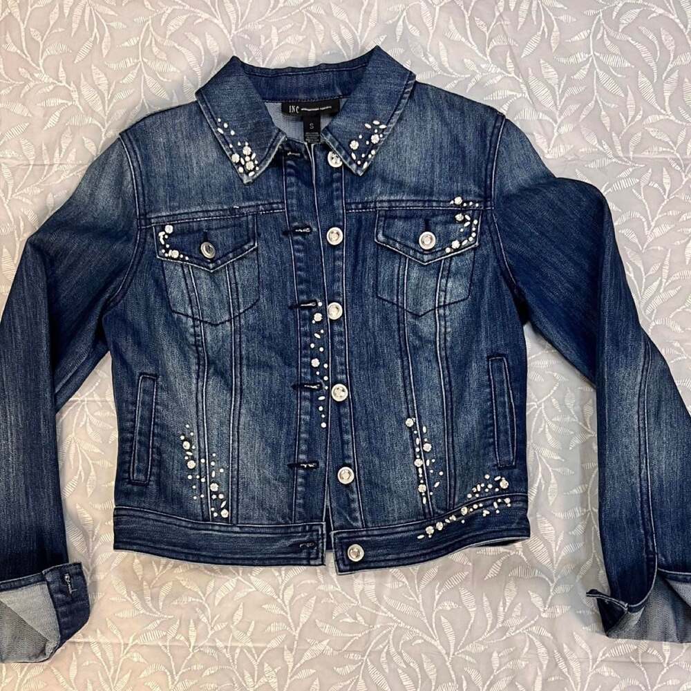 INC International Concepts Rhinestone Embellished Dark Wash Denim Jacket